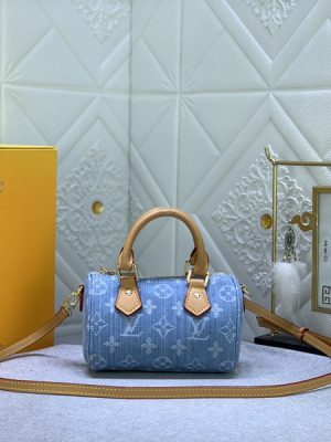 💰💰Updated original M85 light blue denim pillow bag speedy series NANO SPEEDY handbag This Nano Speedy handbag is made of cotton tannin woven into Monogram pattern, and it has a retro style after bleaching and sand washing. Cowhide